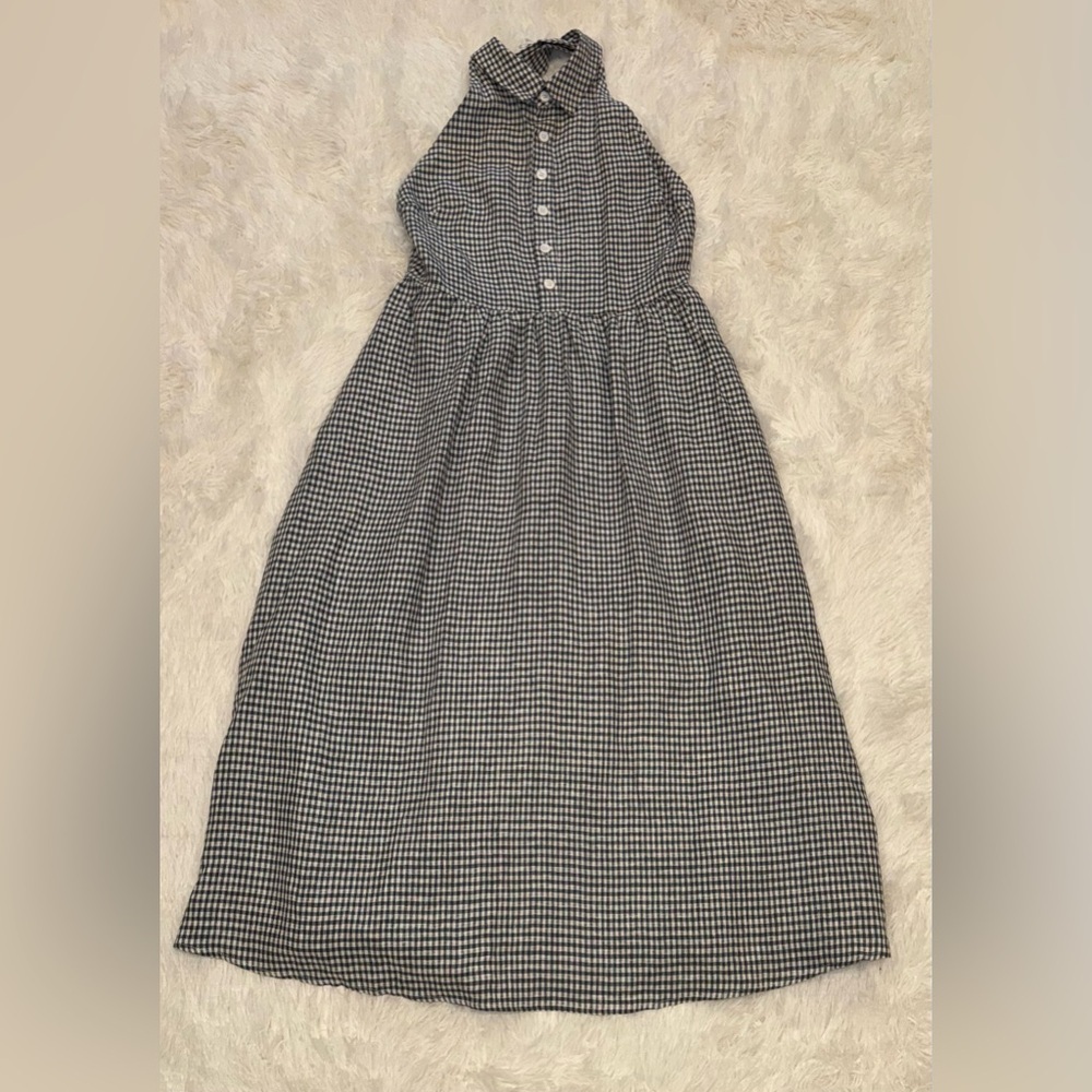 NEW Reformation Tace Halter Blue White Gingham Linen Midi Dress Slate Navy 12 - Picture 4 of 9